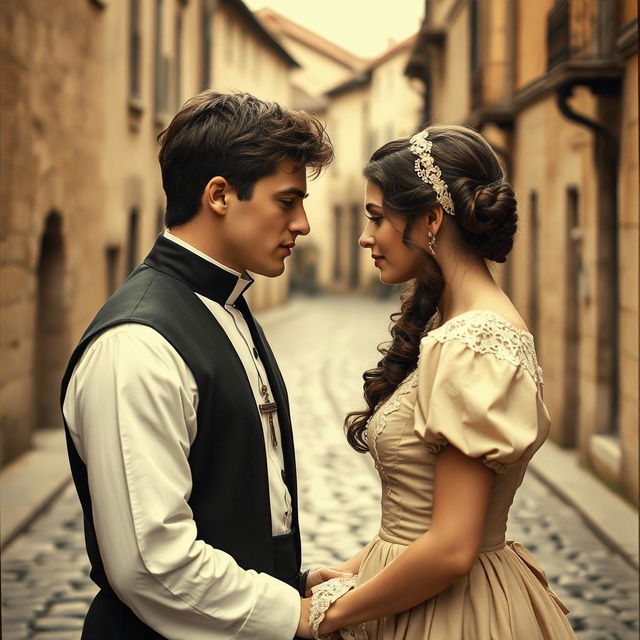 A young priest romantically engaging with a woman, captured in the style of vintage photography, with a soft sepia tone