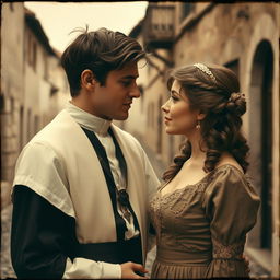 A young priest romantically engaging with a woman, captured in the style of vintage photography, with a soft sepia tone