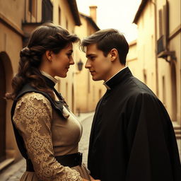 A young priest romantically engaging with a woman, captured in the style of vintage photography, with a soft sepia tone