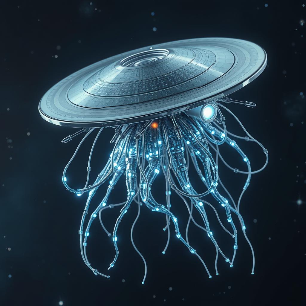 A futuristic flying robotic jellyfish-like creature with a flat, disk-like head