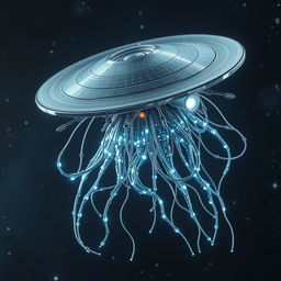 A futuristic flying robotic jellyfish-like creature with a flat, disk-like head