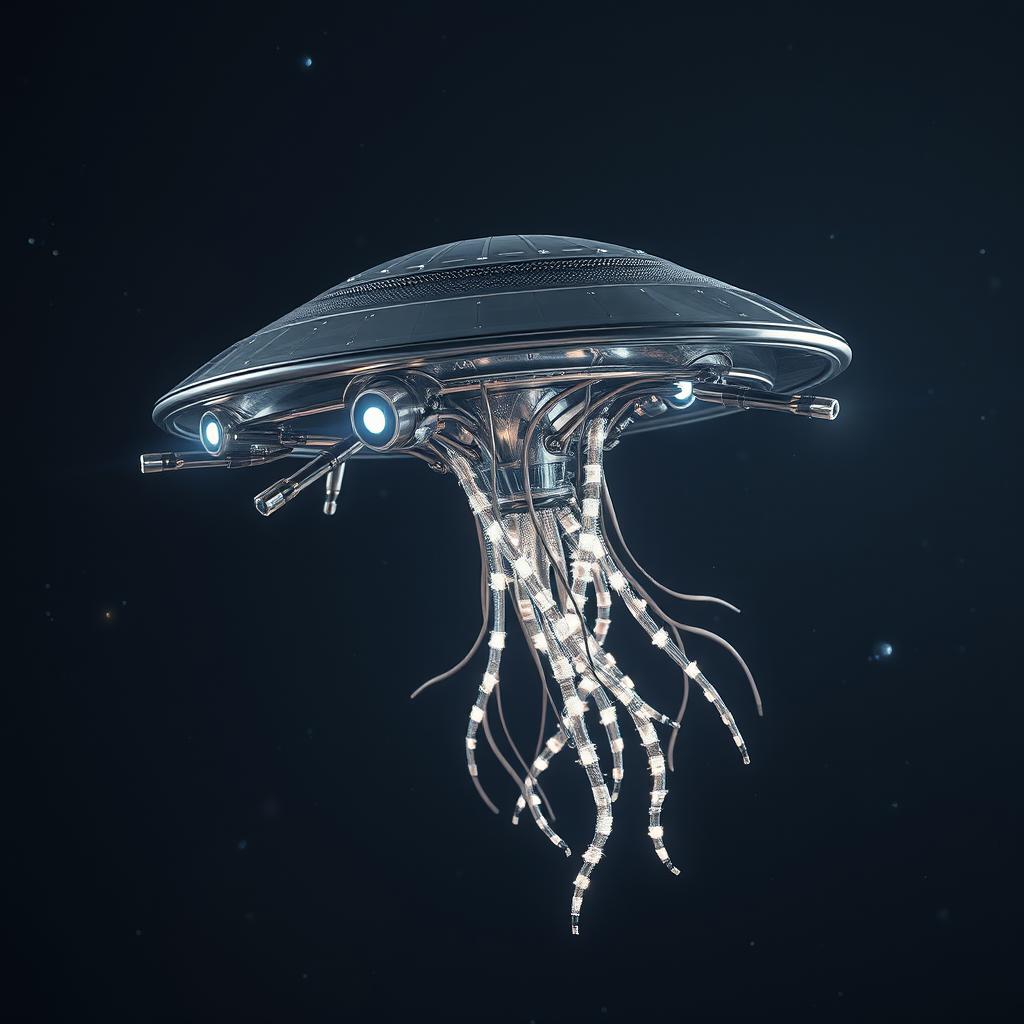 A futuristic flying robotic jellyfish-like creature with a flat, disk-like head