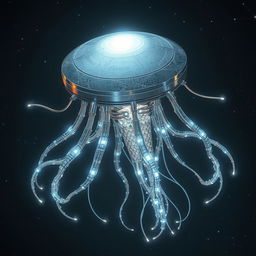 A futuristic flying robotic jellyfish-like creature with a flat, disk-like head