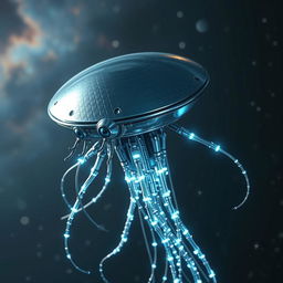 A futuristic flying robotic jellyfish-like creature with a flat, disk-like head