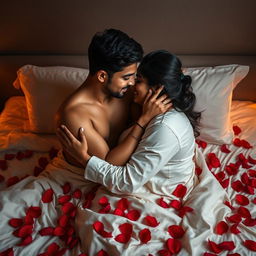 A passionate Indian couple in an intimate embrace on a bed adorned with red flower petals, evoking romance and sensuality