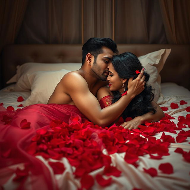 A passionate Indian couple in an intimate embrace on a bed adorned with red flower petals, evoking romance and sensuality