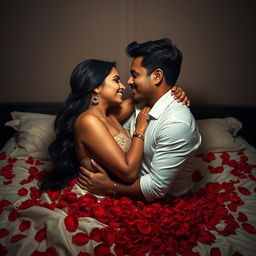 A passionate Indian couple in an intimate embrace on a bed adorned with red flower petals, evoking romance and sensuality