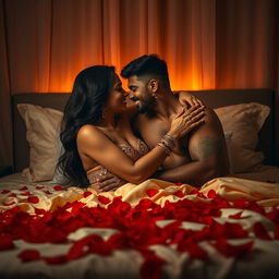 A passionate Indian couple in an intimate embrace on a bed adorned with red flower petals, evoking romance and sensuality