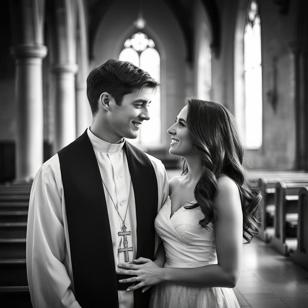 A young, handsome priest and a beautiful young woman, captured in a vintage black and white photograph style