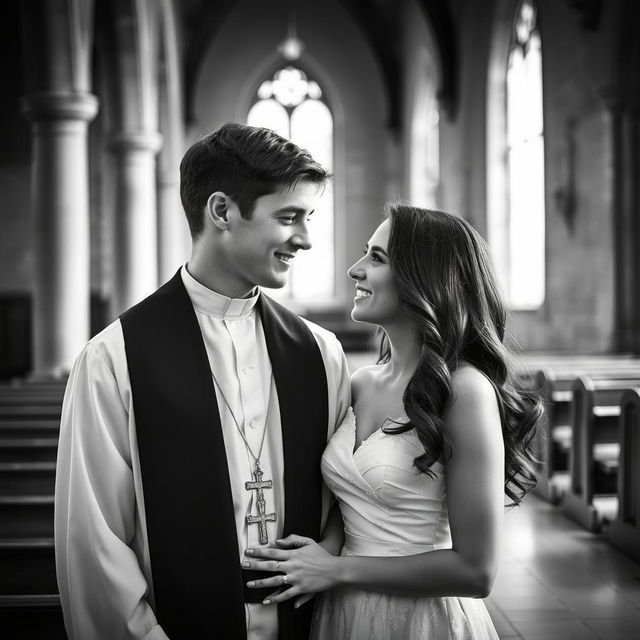 A young, handsome priest and a beautiful young woman, captured in a vintage black and white photograph style