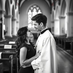 A young, handsome priest and a beautiful young woman, captured in a vintage black and white photograph style