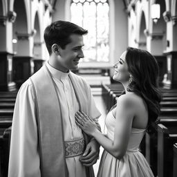 A young, handsome priest and a beautiful young woman, captured in a vintage black and white photograph style