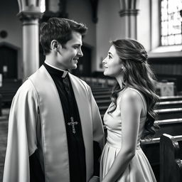 A young, handsome priest and a beautiful young woman, captured in a vintage black and white photograph style