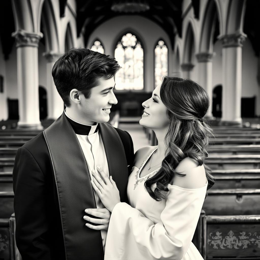 A young, handsome priest and a beautiful young woman, captured in a vintage black and white photograph style