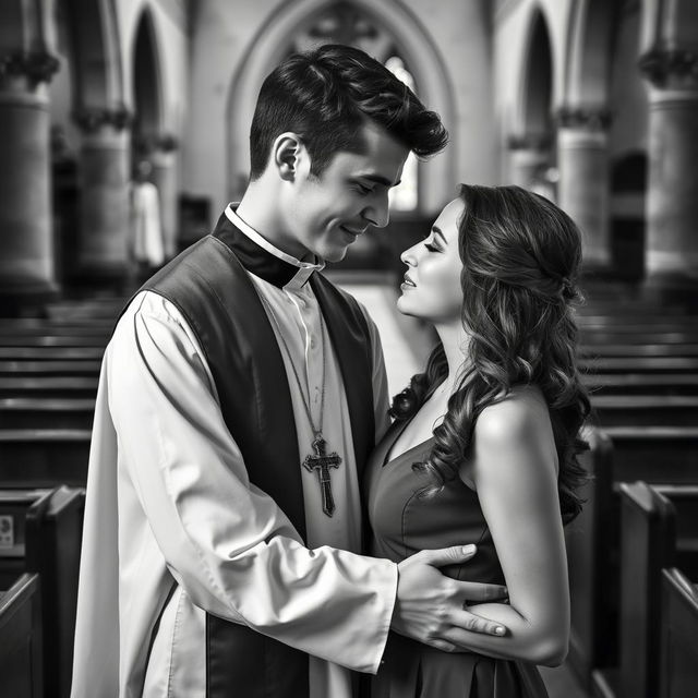 A young, handsome priest and a beautiful young woman, captured in a vintage black and white photograph style