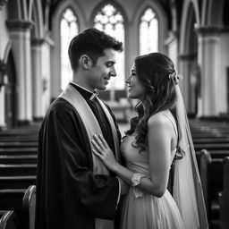 A young, handsome priest and a beautiful young woman, captured in a vintage black and white photograph style