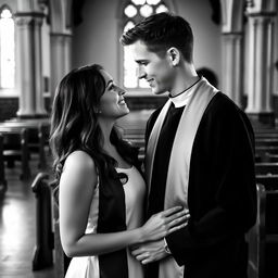 A young, handsome priest and a beautiful young woman, captured in a vintage black and white photograph style