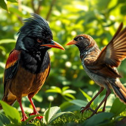 A Myna bird is depicted with a dejected and envious expression, staring at a sparrow