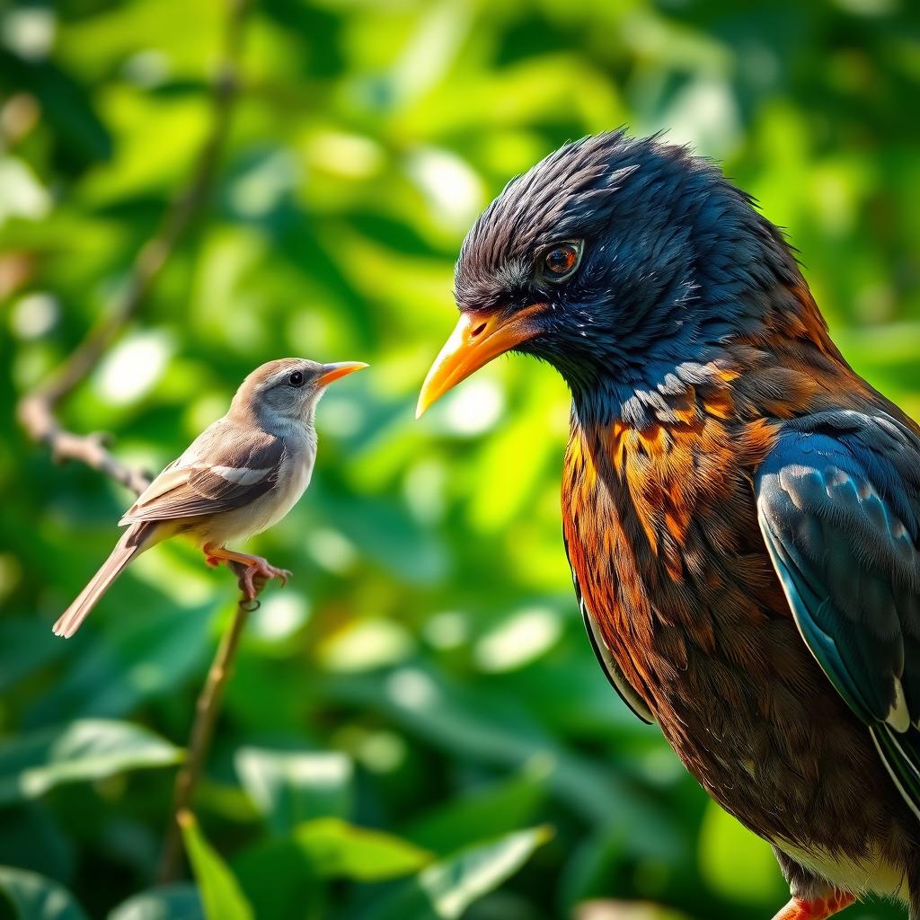 A Myna bird is depicted with a dejected and envious expression, staring at a sparrow