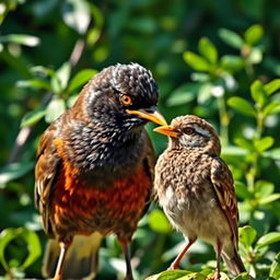 A Myna bird is depicted with a dejected and envious expression, staring at a sparrow