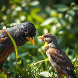 A Myna bird is depicted with a dejected and envious expression, staring at a sparrow