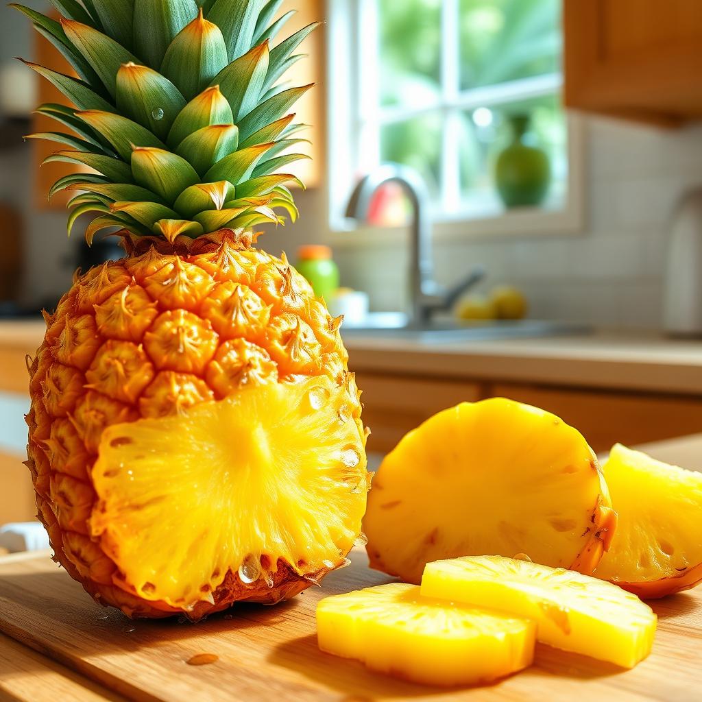 A vibrant, fresh pineapple with golden-yellow skin and luscious green leaves