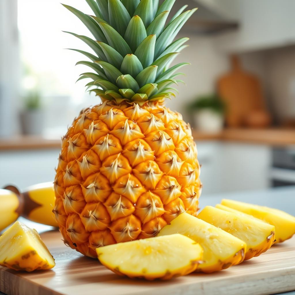 A vibrant, fresh pineapple with golden-yellow skin and luscious green leaves