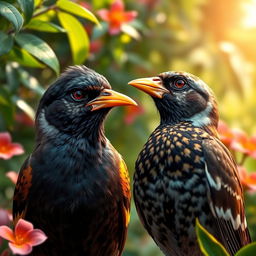 A myna bird with a dejected and envious expression, gazing intently at a sparrow