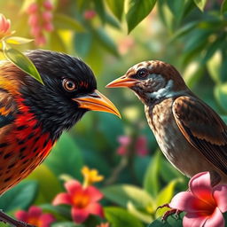 A myna bird with a dejected and envious expression, gazing intently at a sparrow