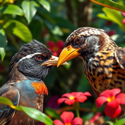 A myna bird with a dejected and envious expression, gazing intently at a sparrow