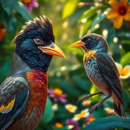 A myna bird with a dejected and envious expression, gazing intently at a sparrow