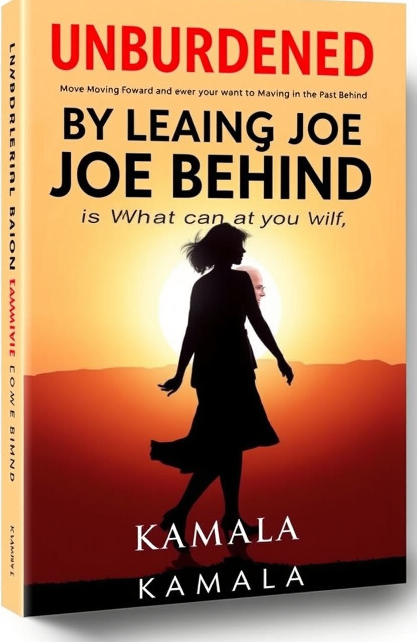 a captivating cover for a political book titled "Unburdened by Leaving Joe Behind is What Can Be" by Kamala, featuring a symbolic representation of moving forward and leaving the past behind