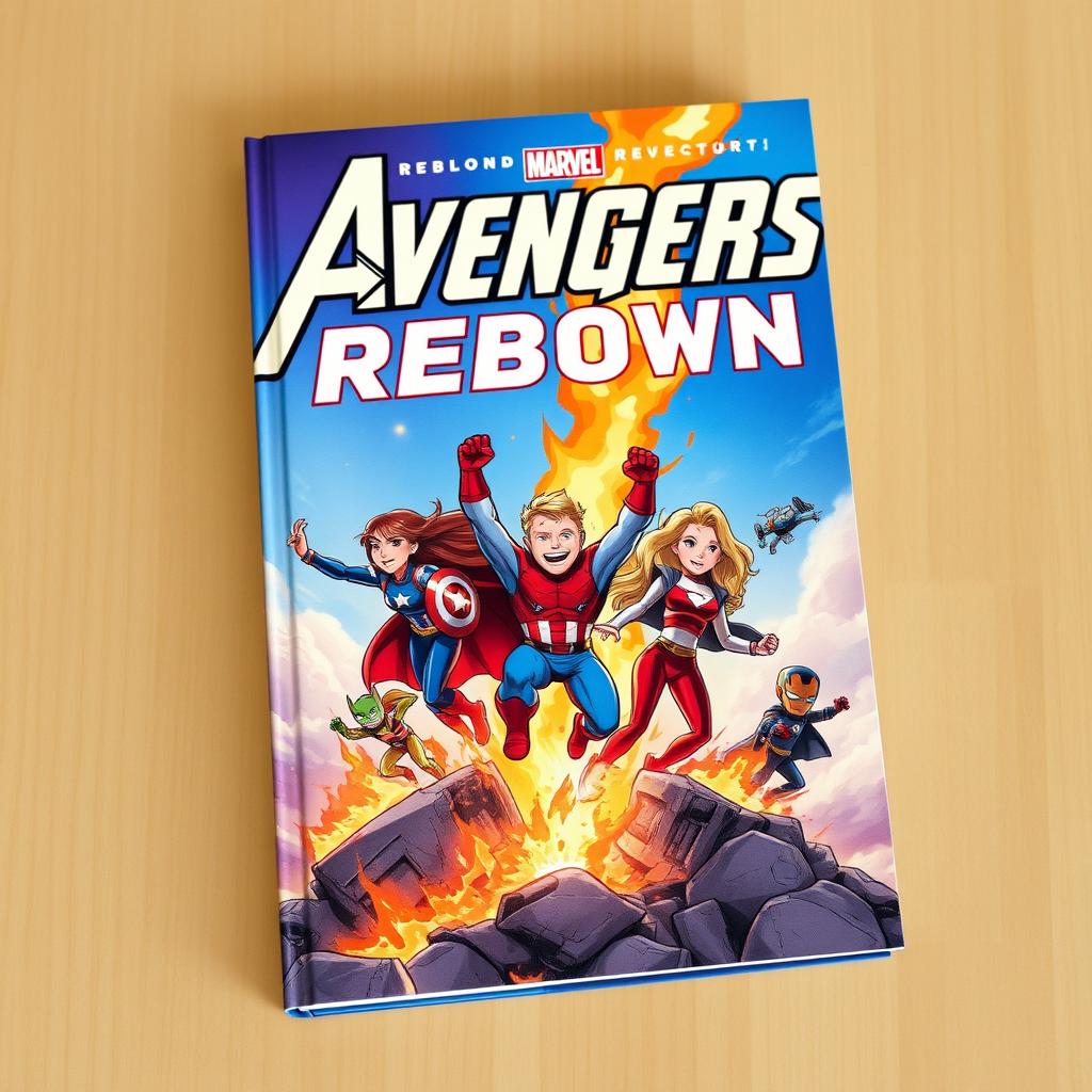 A captivating book cover showcasing the Avengers reborn, emerging with enthusiasm from a fiery Nirvana