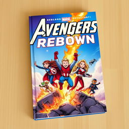 A captivating book cover showcasing the Avengers reborn, emerging with enthusiasm from a fiery Nirvana