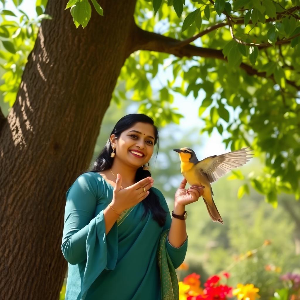 Meena stands by a tree, warmly inviting a cheerful bird