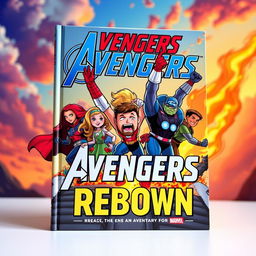 A captivating book cover showcasing the Avengers reborn, emerging with enthusiasm from a fiery Nirvana