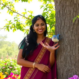 Meena stands by a tree, warmly inviting a cheerful bird