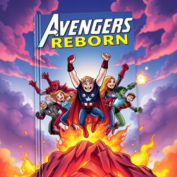 A captivating book cover showcasing the Avengers reborn, emerging with enthusiasm from a fiery Nirvana