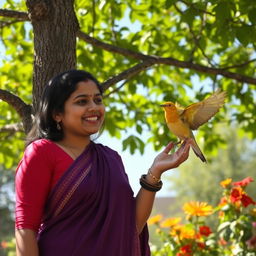 Meena stands by a tree, warmly inviting a cheerful bird