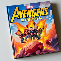 A captivating book cover showcasing the Avengers reborn, emerging with enthusiasm from a fiery Nirvana