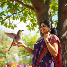 Meena stands by a tree, warmly inviting a cheerful bird