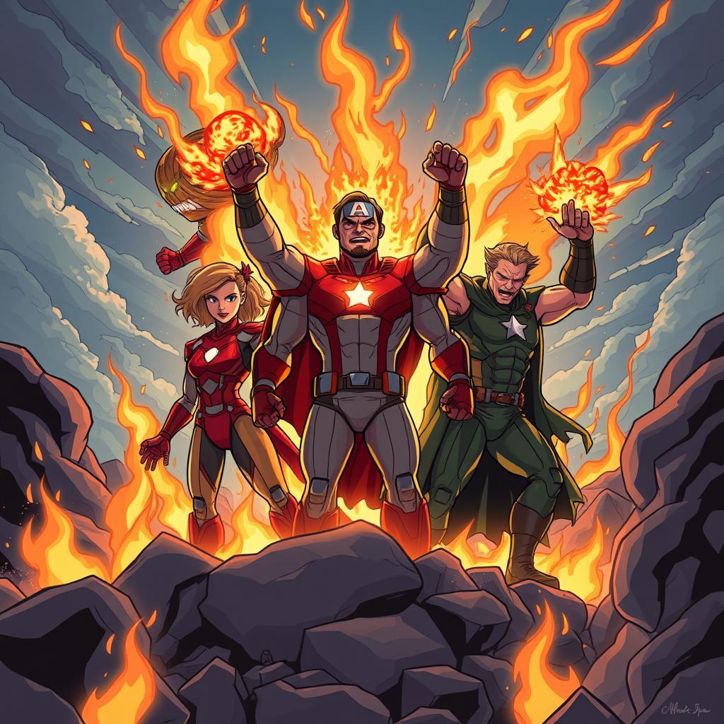 An intense and fierce illustration in cartoon style, depicting the rebirth of the Avengers amidst roaring flames