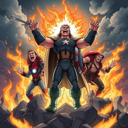 An intense and fierce illustration in cartoon style, depicting the rebirth of the Avengers amidst roaring flames