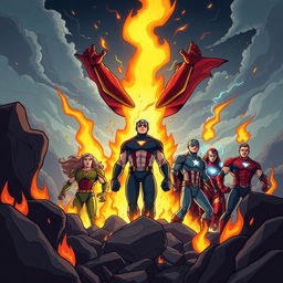 An intense and fierce illustration in cartoon style, depicting the rebirth of the Avengers amidst roaring flames