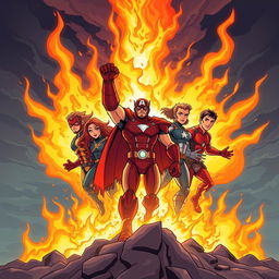 An intense and fierce illustration in cartoon style, depicting the rebirth of the Avengers amidst roaring flames