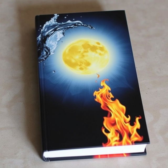 A captivating book cover featuring a dramatic and elemental composition: in the top left corner, a dynamic burst of water reaches out toward the center, in the bottom right corner, a large, intense flame extends its fiery tendrils towards the center