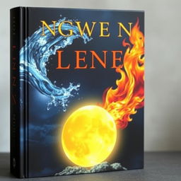 A captivating book cover featuring a dramatic and elemental composition: in the top left corner, a dynamic burst of water reaches out toward the center, in the bottom right corner, a large, intense flame extends its fiery tendrils towards the center