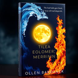 A captivating book cover featuring a dramatic and elemental composition: in the top left corner, a dynamic burst of water reaches out toward the center, in the bottom right corner, a large, intense flame extends its fiery tendrils towards the center