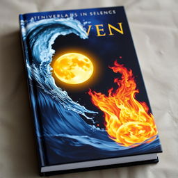 A captivating book cover featuring a dramatic and elemental composition: in the top left corner, a dynamic burst of water reaches out toward the center, in the bottom right corner, a large, intense flame extends its fiery tendrils towards the center