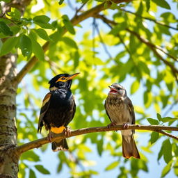 A serene scene by a tree, where a Myna bird, known for its glossy plumage and striking yellow eye patch, is interacting with another bird